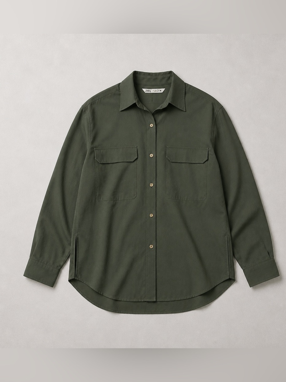 Zara Women’s Olive Green Long-Sleeve Button-Up Blouse/Shirt L